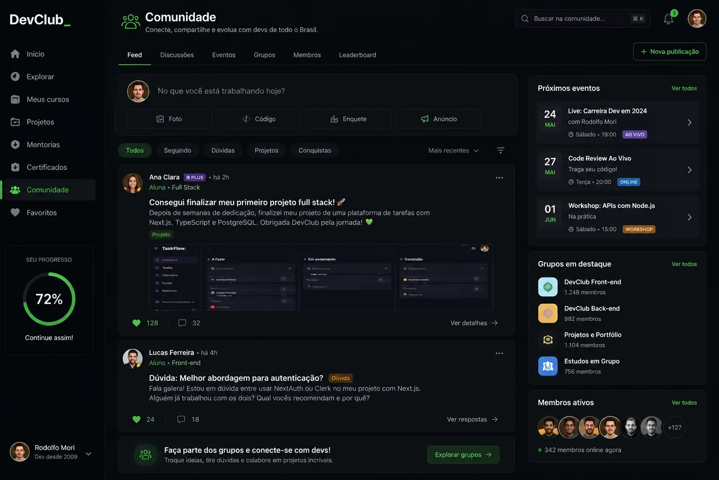 Comunidade da plataforma: feed com projetos e dúvidas de alunos, agenda de eventos ao vivo, grupos por formação e membros online