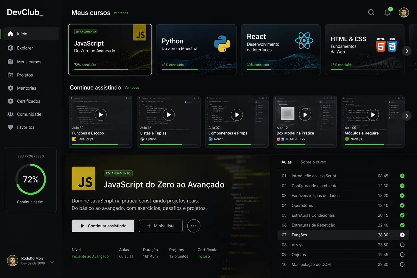 Painel da plataforma: cartões das formações com percentual concluído, fila de aulas para continuar assistindo e a lista de aulas do curso de JavaScript