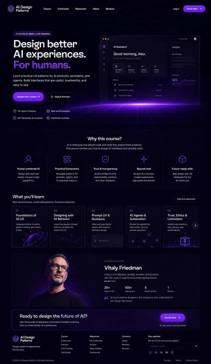 Plataforma de curso AI Design Patterns, projeto da aluna Camila Rocha